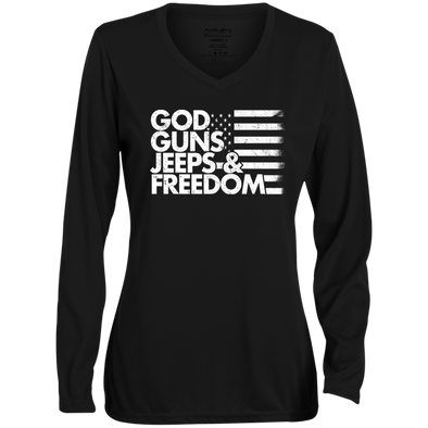 GOD GUNS JEEPS FREEDOM  Ladies' Moisture-Wicking Long Sleeve V-Neck Tee