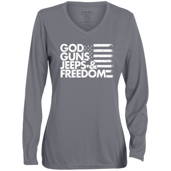 GOD GUNS JEEPS FREEDOM  Ladies' Moisture-Wicking Long Sleeve V-Neck Tee