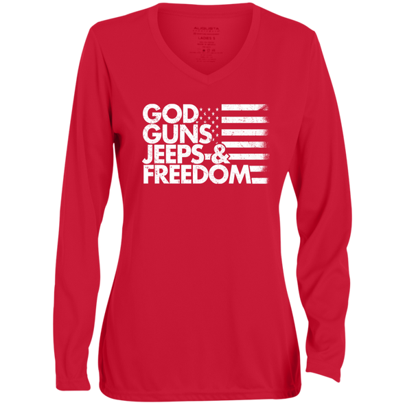 GOD GUNS JEEPS FREEDOM  Ladies' Moisture-Wicking Long Sleeve V-Neck Tee