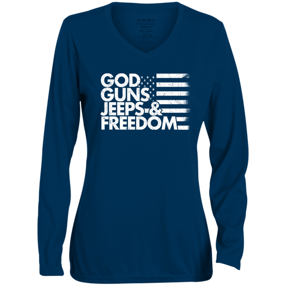 GOD GUNS JEEPS FREEDOM  Ladies' Moisture-Wicking Long Sleeve V-Neck Tee