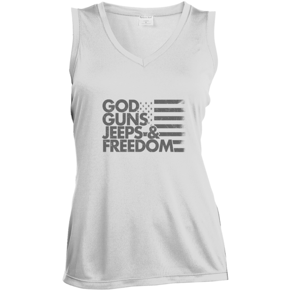 God, Guns, Jeeps & Freedom  Ladies' Sleeveless Moisture Absorbing V-Neck