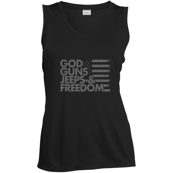 God, Guns, Jeeps & Freedom  Ladies' Sleeveless Moisture Absorbing V-Neck