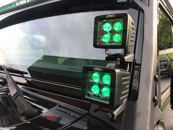 Dual RGB Pod cube lights with JL windshield brackets & wiring harnesses